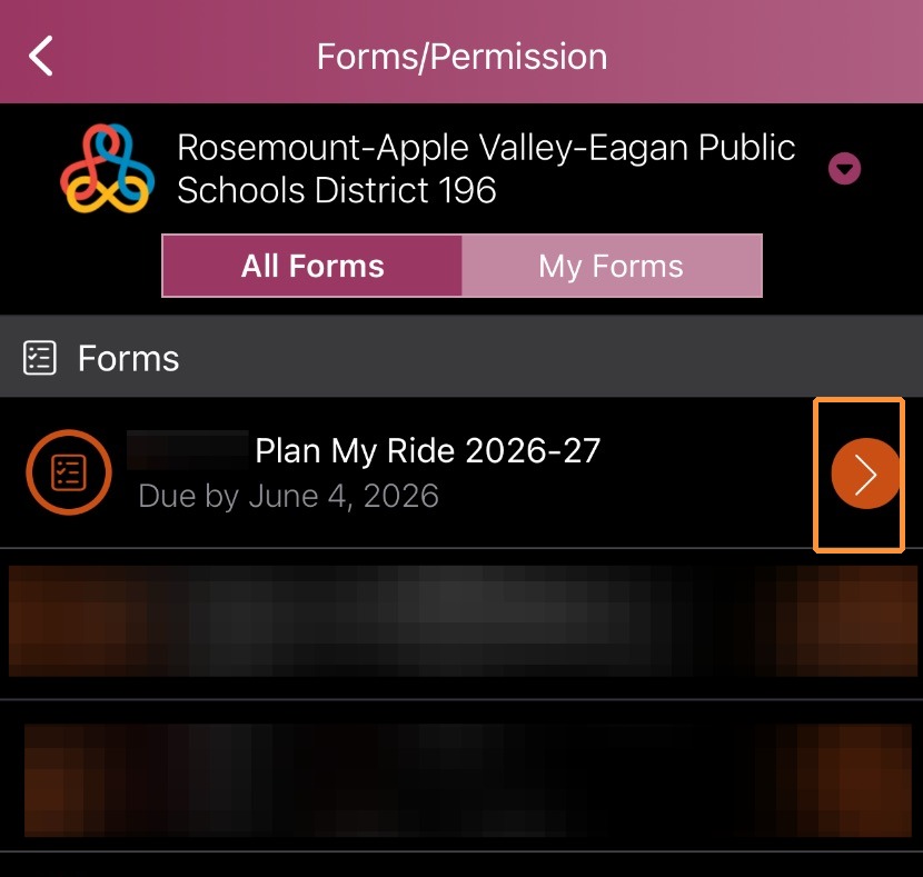  The "Forms/Permission" screen with an arrow icon highlighted to select a specific form.