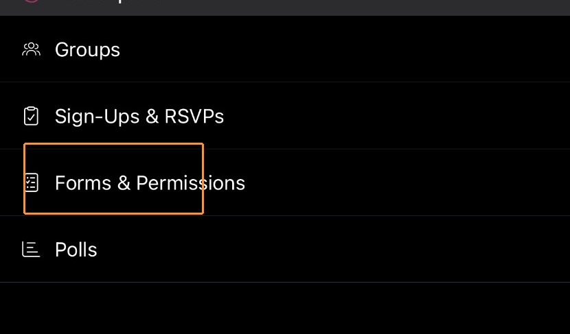 ParentSquare app menu with the "Forms & Permissions" option highlighted