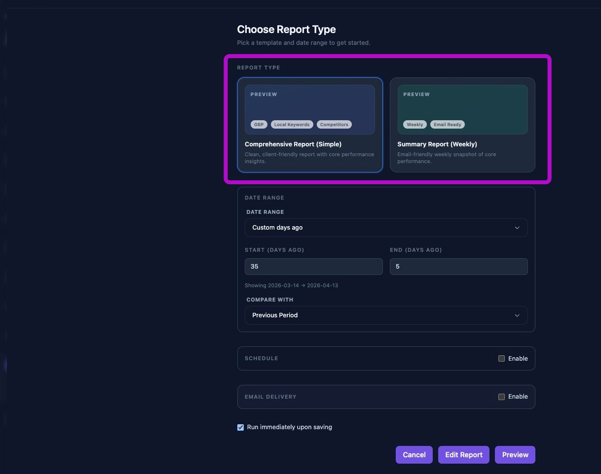 Screenshot showing report type options