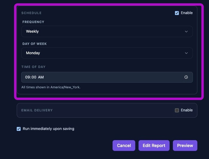 Screenshot showing report schedule frequency, day, and time fields
