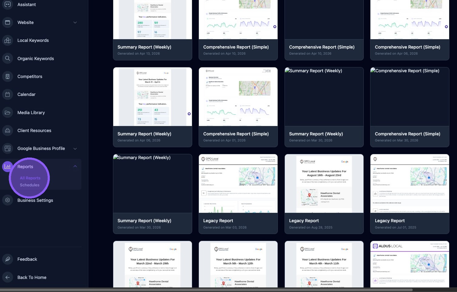 Screenshot showing the Reports Overview page