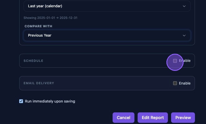 Screenshot showing the report Schedule toggle