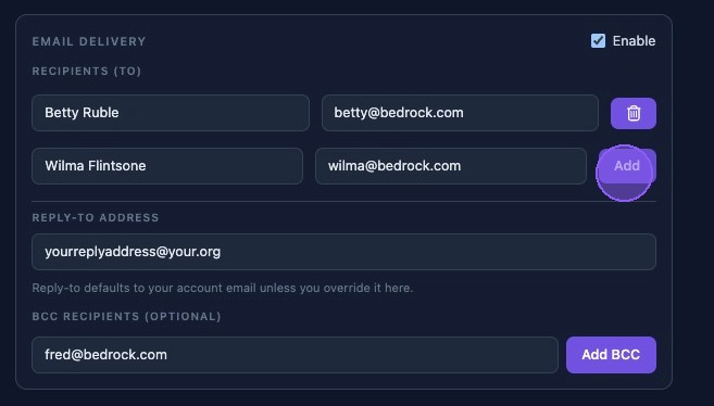 Screenshot showing report email recipients, reply-to, and BCC fields
