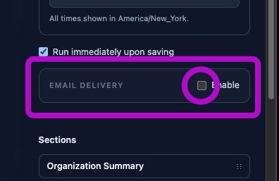 Screenshot showing the Email Delivery toggle
