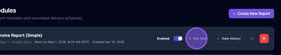 Screenshot showing the Run Now button for a report