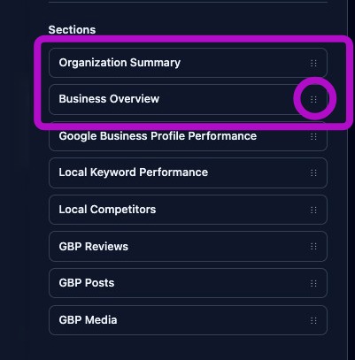 Screenshot showing section drag-and-drop in the organizer