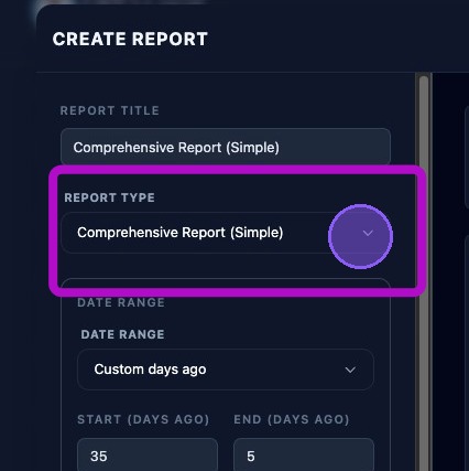 Screenshot showing report type options