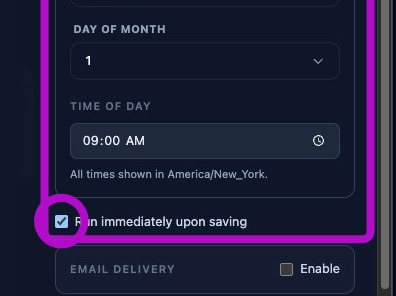Screenshot showing Run immediately upon saving