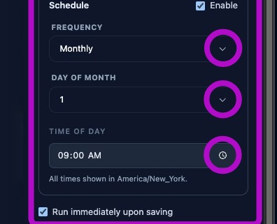 Screenshot showing report schedule frequency, day, and time settings