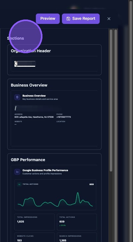Screenshot showing available report sections