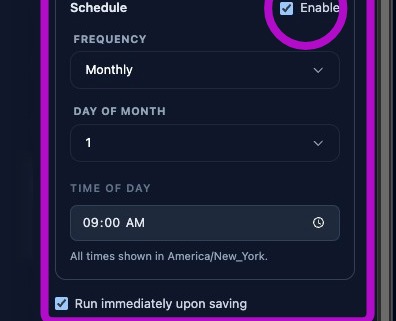 Screenshot showing the report scheduling toggle