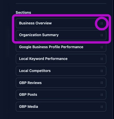 Screenshot showing section reordering in the preview pane