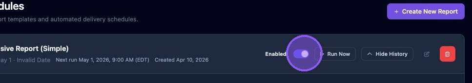 Screenshot showing report scheduling disabled