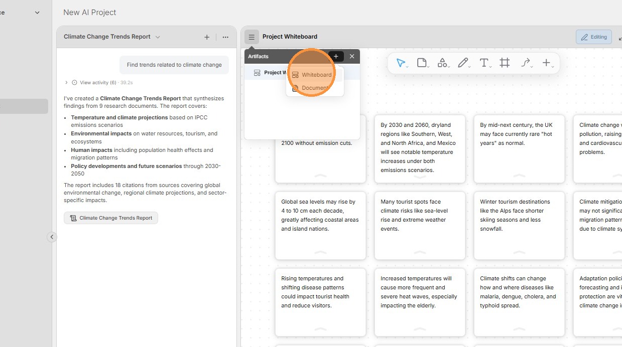 Create a new whiteboard from the project menu