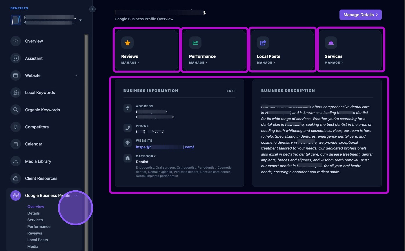 Screenshot showing the Google Business Profile overview panels