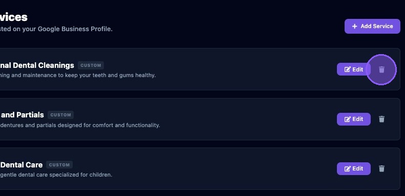 Screenshot showing the trash can icon for removing a service