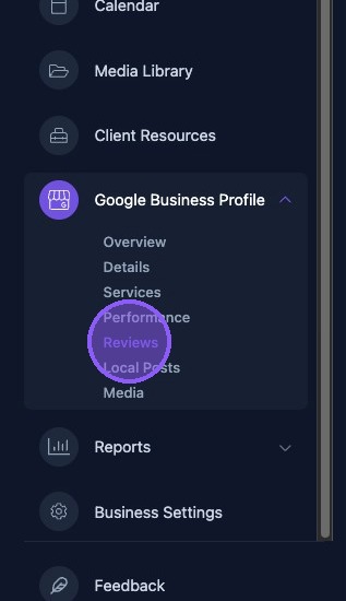 Screenshot showing the Reviews selection in the dashboard
