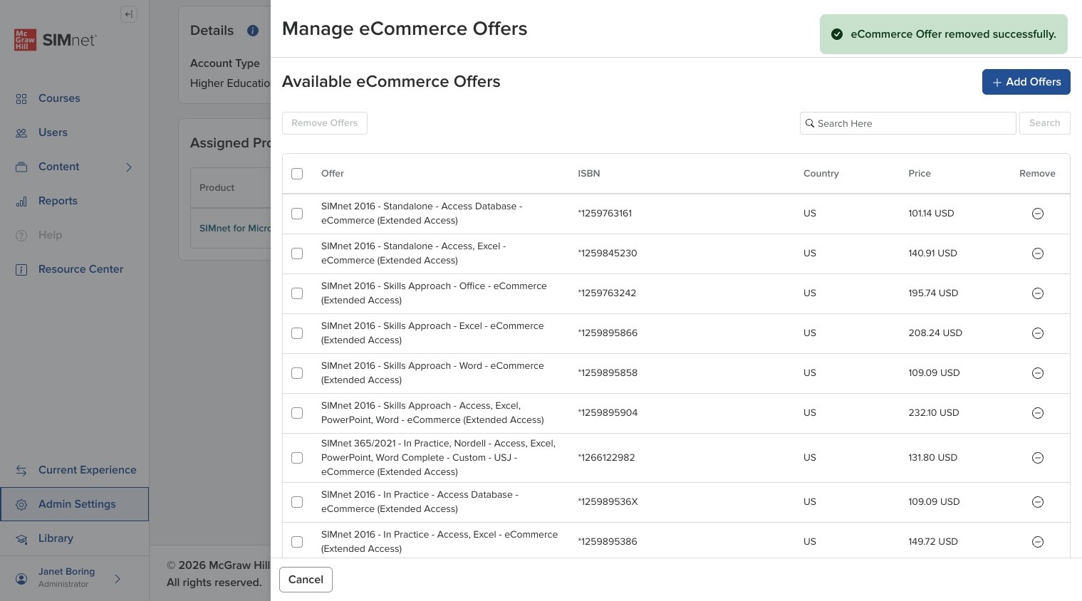 Green success message confirming the offer was removed successfully.