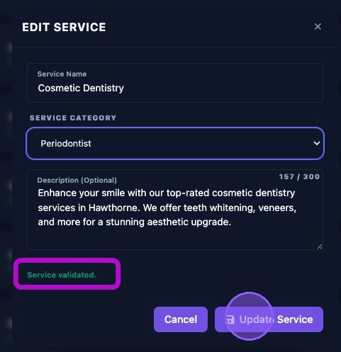Screenshot showing the edit service window