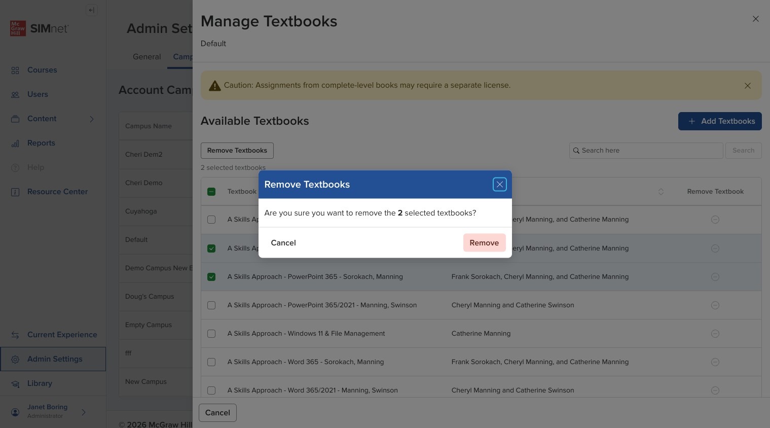 Confirmation modal asking whether to remove the selected textbooks.