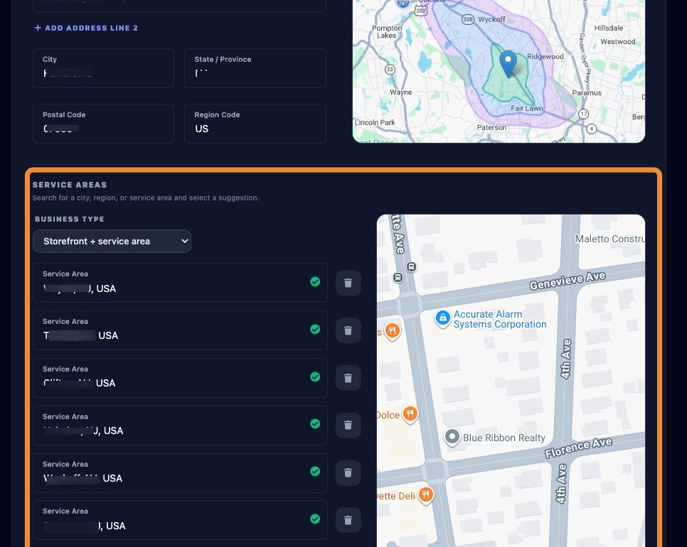 Screenshot showing business type and service area controls