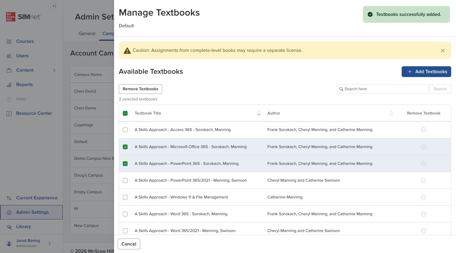 Confirmation message showing the textbooks were added successfully.