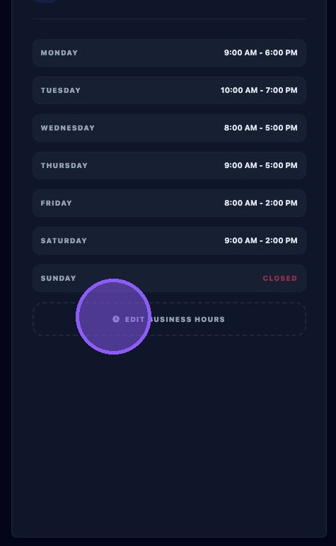 Screenshot showing the business hours section