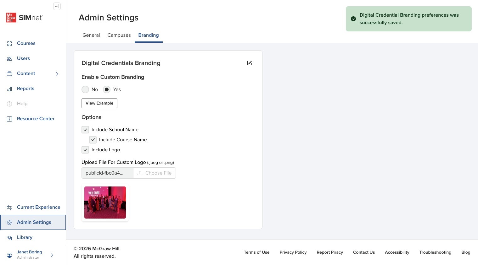 Branding page showing the saved custom branding details and confirmation on screen.