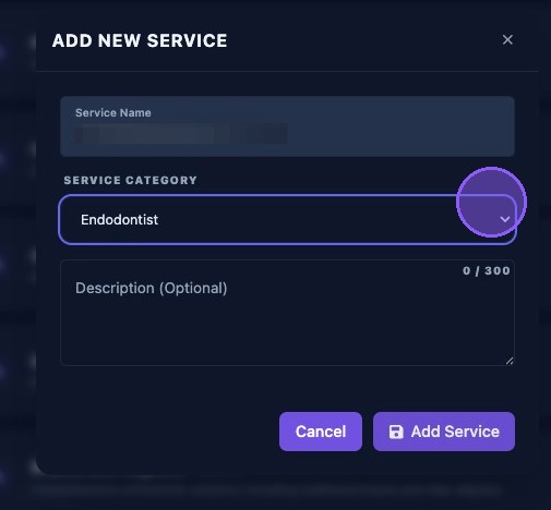 Screenshot showing the service category dropdown