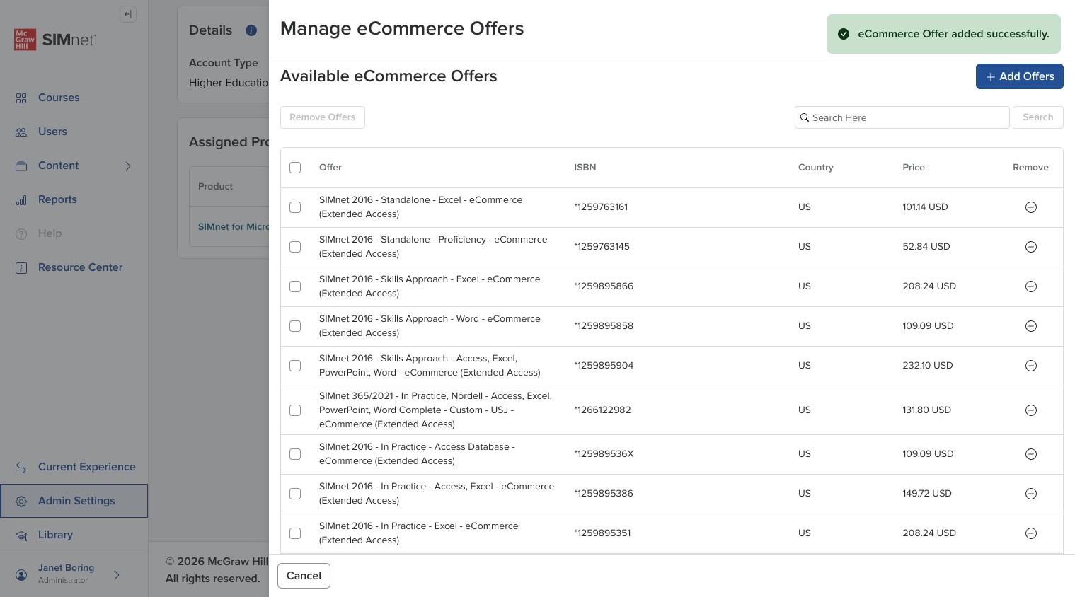 Green success message confirming the offer was added successfully.