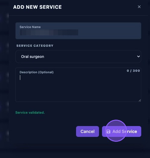 Screenshot showing Add Service and Cancel options