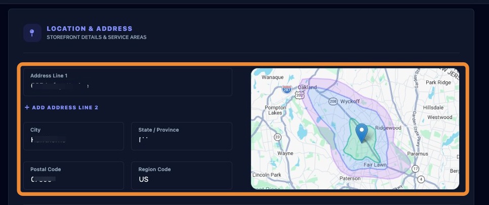 Screenshot showing the location and address section