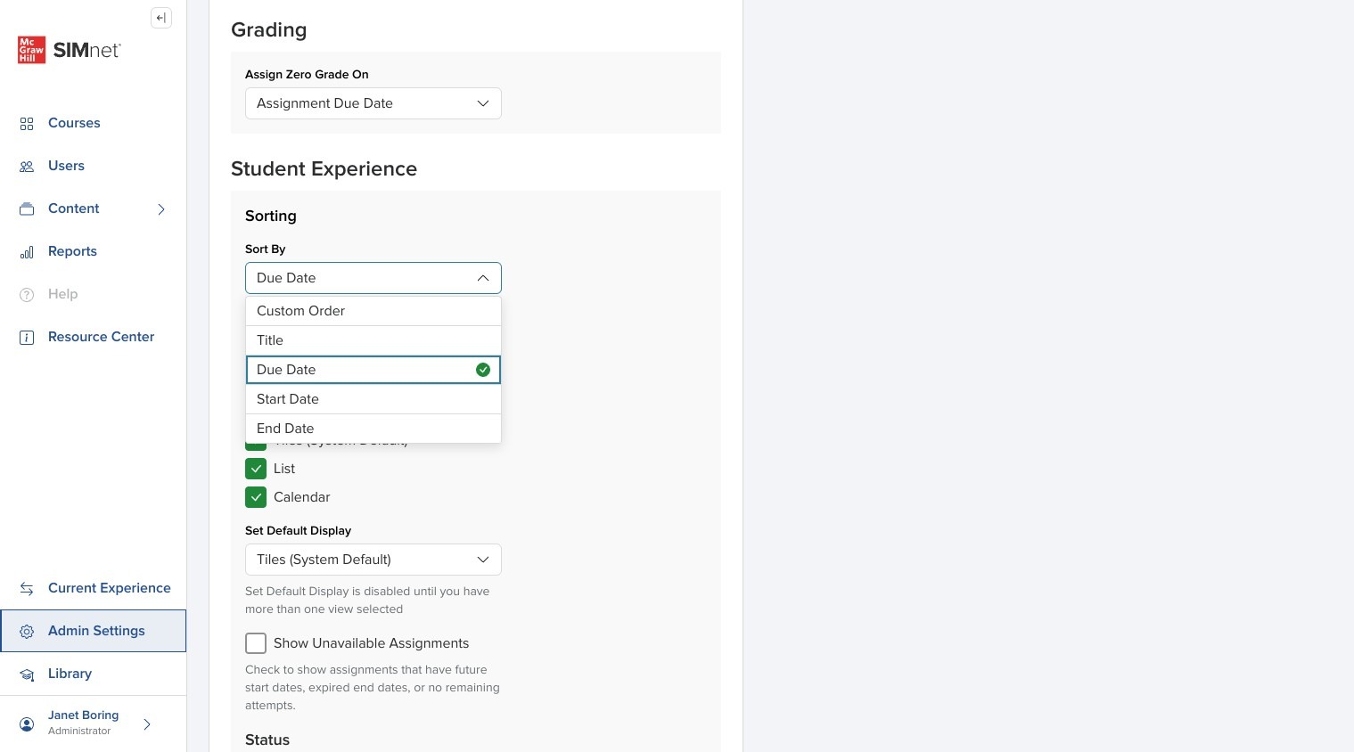 Create Campus settings showing alternate Sorting options such as Start Date, End Date, Title, and Custom Order, with arrows pointing to the available sorting choices.