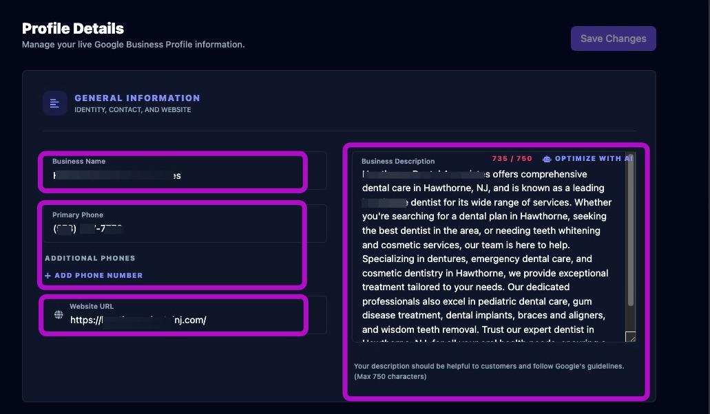 Screenshot showing general business details and description fields