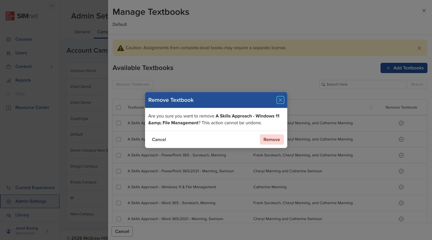 Confirmation modal asking whether to remove the selected textbook.