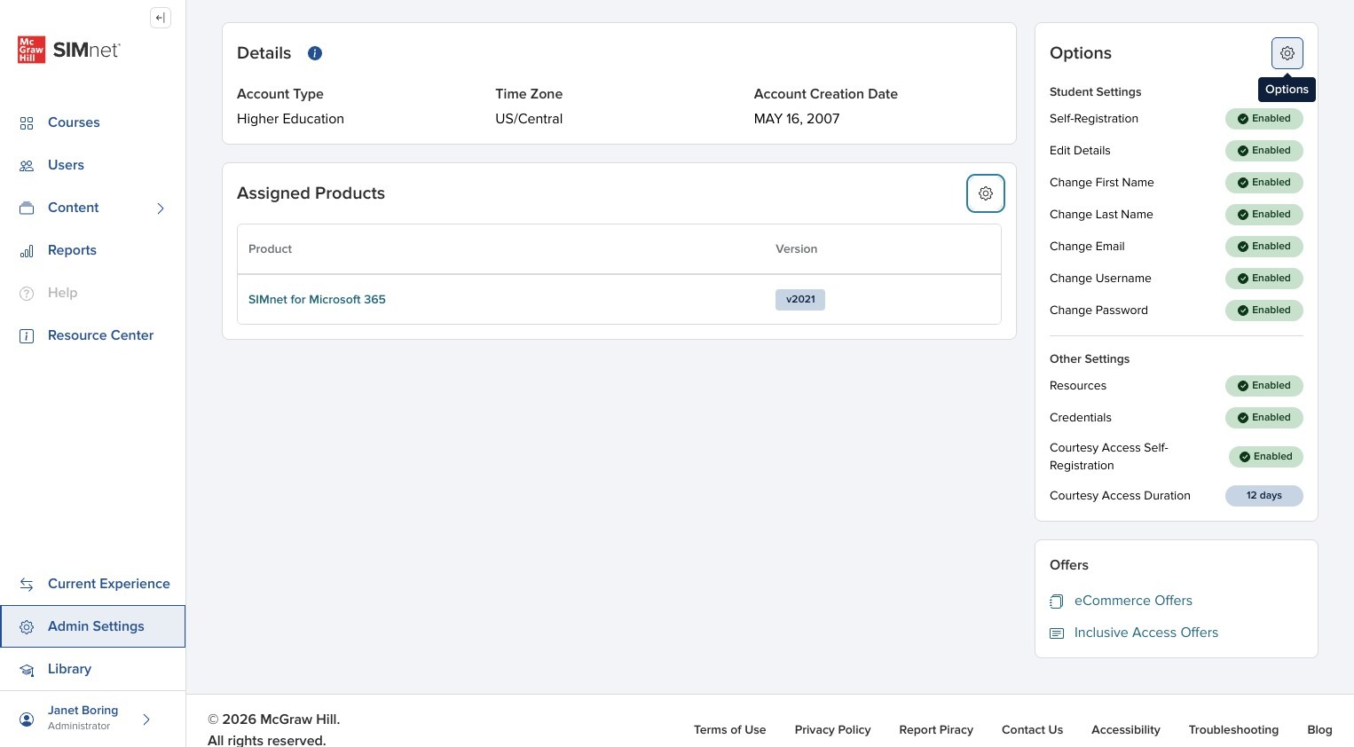 Options section with the gear icon used to manage account settings, with an arrow pointing to the gear icon.