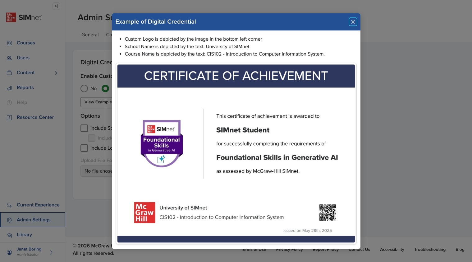 Example digital credential preview showing where branding information appears.