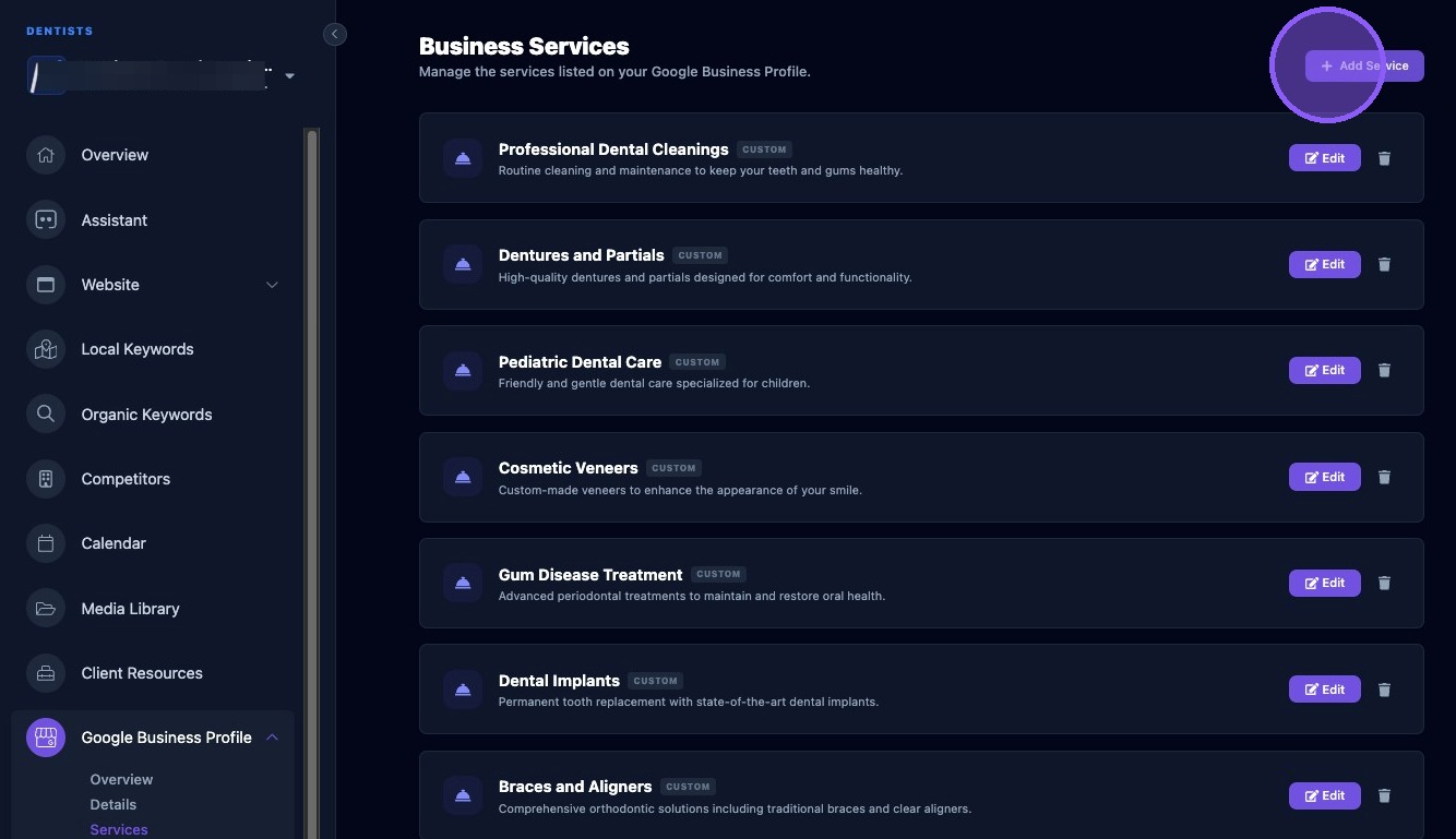 Screenshot showing the Add Service button