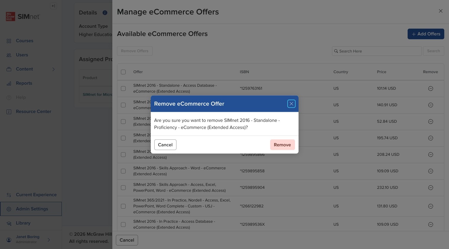 Confirmation modal asking to remove multiple selected offers.