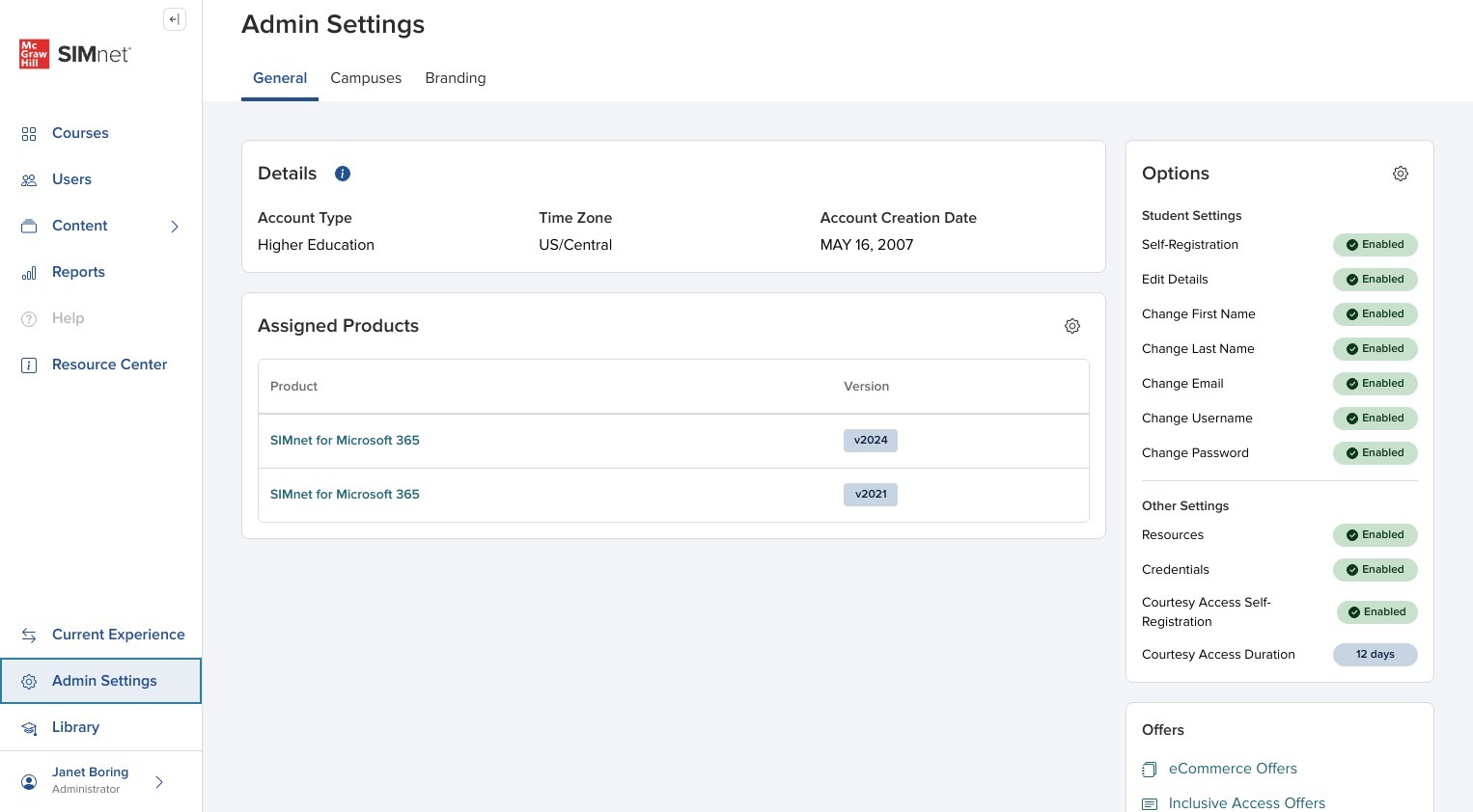 Admin Settings General tab showing account details, assigned products, account options, and account offers, with arrows highlighting the main sections on the page.