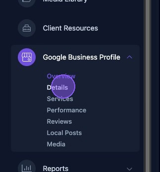 Screenshot showing the Details option in the Google Business Profile dropdown