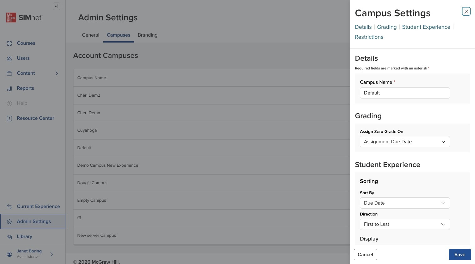 Campus Settings side panel showing campus-level settings.