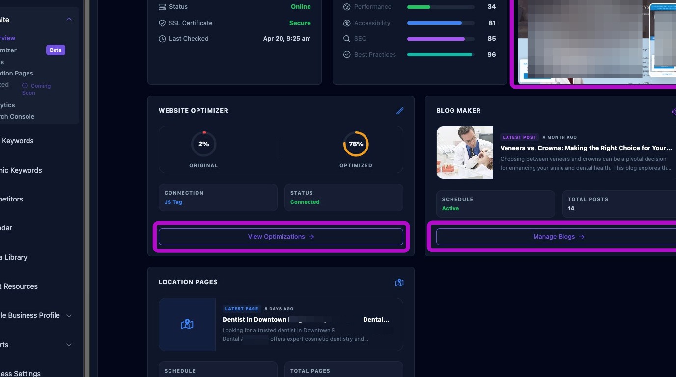 Screenshot showing Website Overview quick links