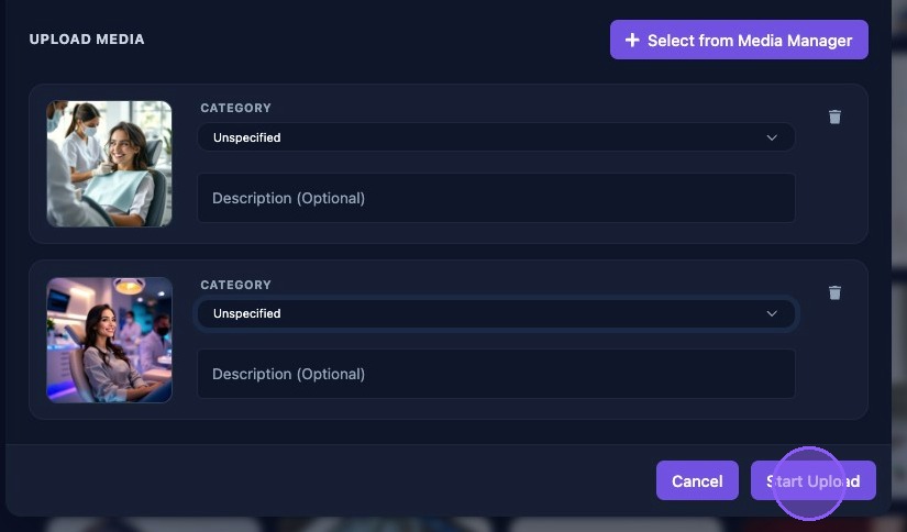 Screenshot showing the Start Upload button