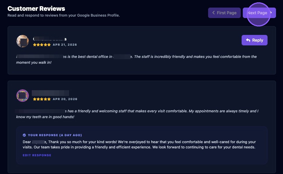 Screenshot showing the Google Business Profile review list