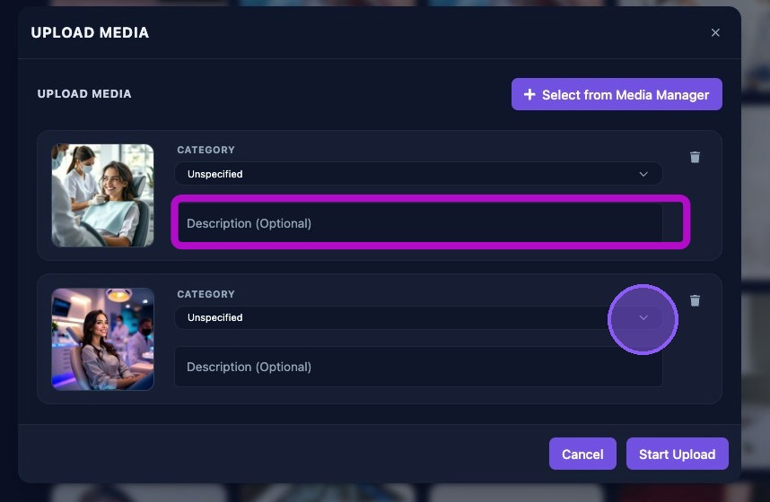 Screenshot showing selected images with description and category controls