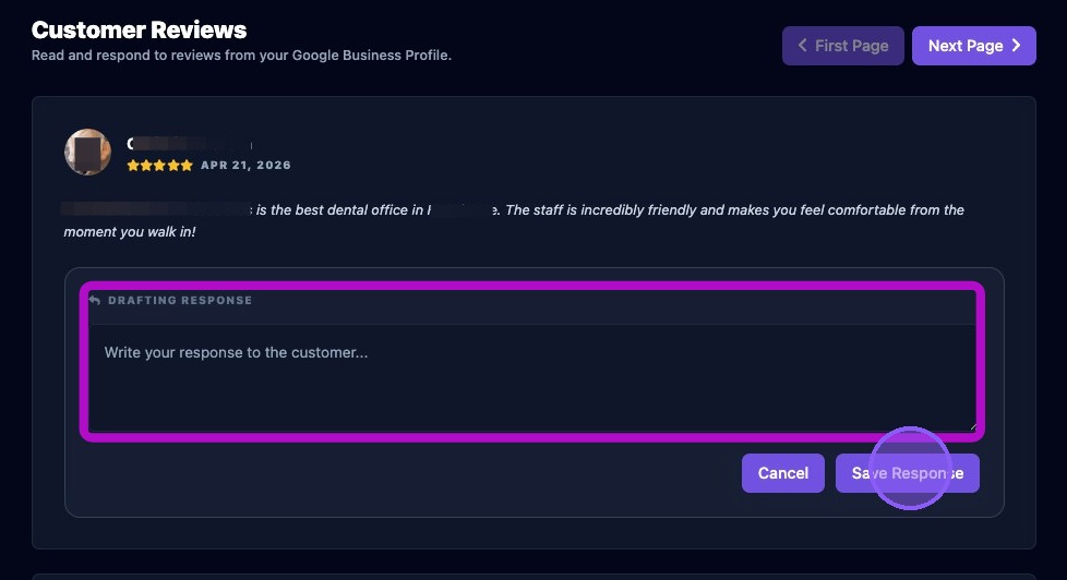 Screenshot showing the manual review response editor