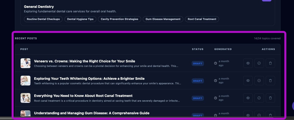Screenshot showing the draft blog list