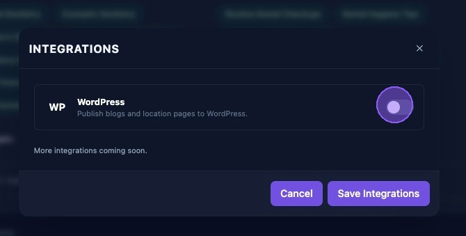 Screenshot showing the WordPress integration toggle