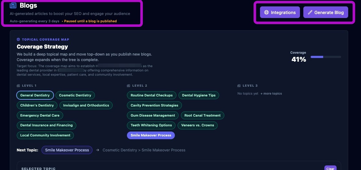 Screenshot showing the top controls of the Blogs page